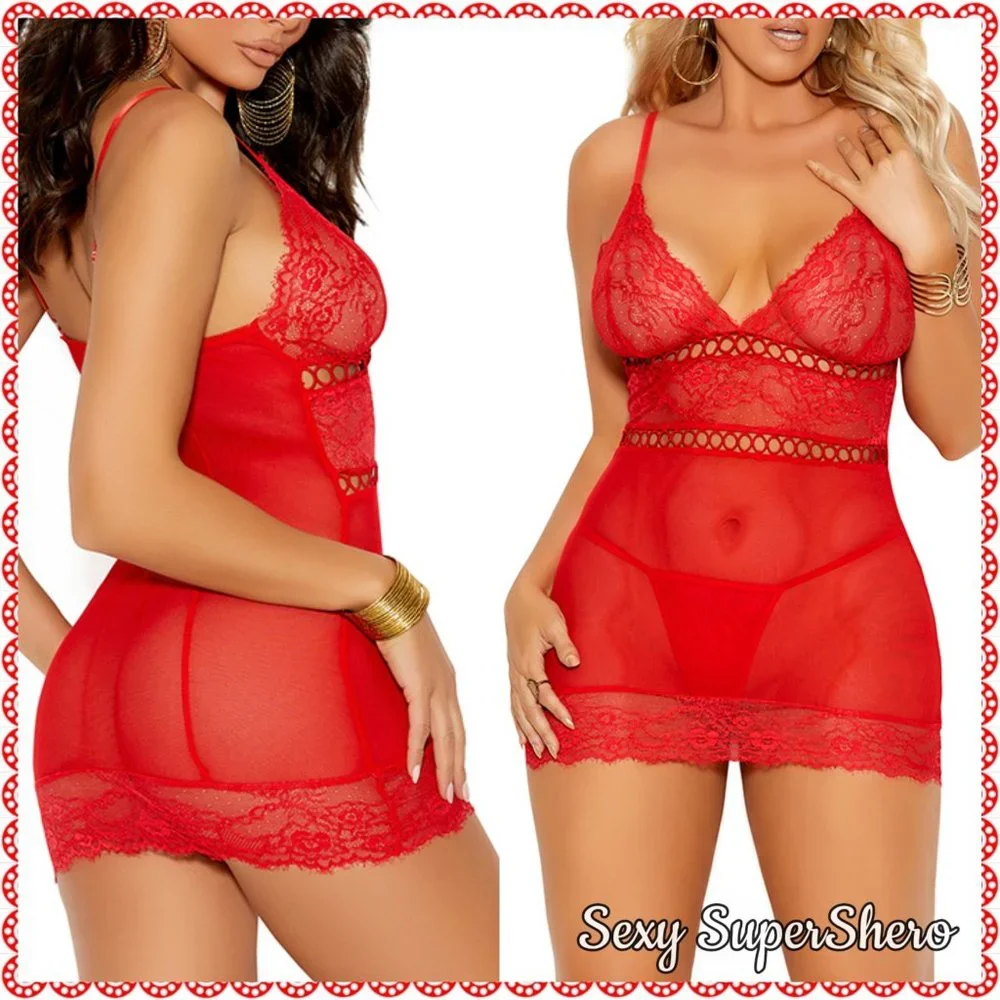 🆕💖🍒"Shiloh" Red  Crochet Eyelet Eyelash Lace Lingerie Babydoll - Picture 3 of 7
